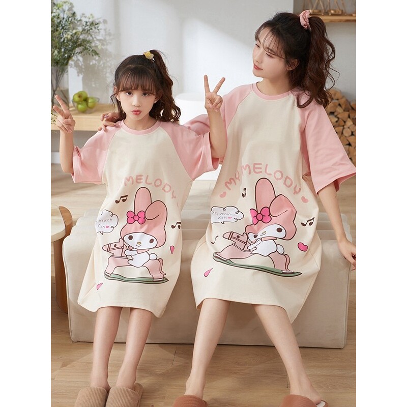 法国Anseola 亲子装睡裙夏季薄款女童纯棉卡通短袖女孩中长裙母女