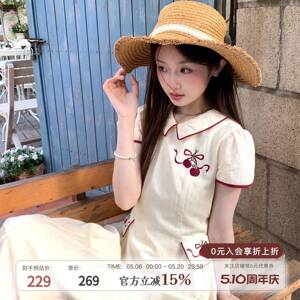 MUCHA木茶 樱桃来信 清新甜美风撞色绣花收腰洋装女泡泡袖长裙