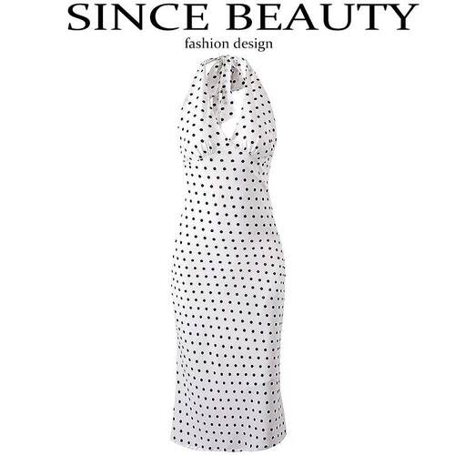 Since Beauty法式复古白色波点挂颈吊带洋装女2025夏新款露背裙