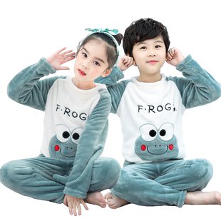 新款秋冬季儿童珊瑚绒睡衣男童女童宝宝家居服加厚男孩法兰绒套装