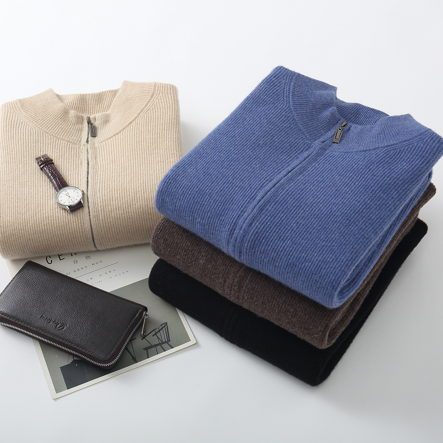 100%羊毛衫男士半高领拉链针织开衫加厚羊毛衫宽松百搭毛衣外套冬