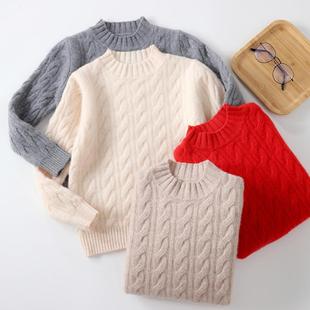 秋冬男女儿童100分羊毛衫加厚半高领宝宝毛衣保暖打底衫大麻花冬