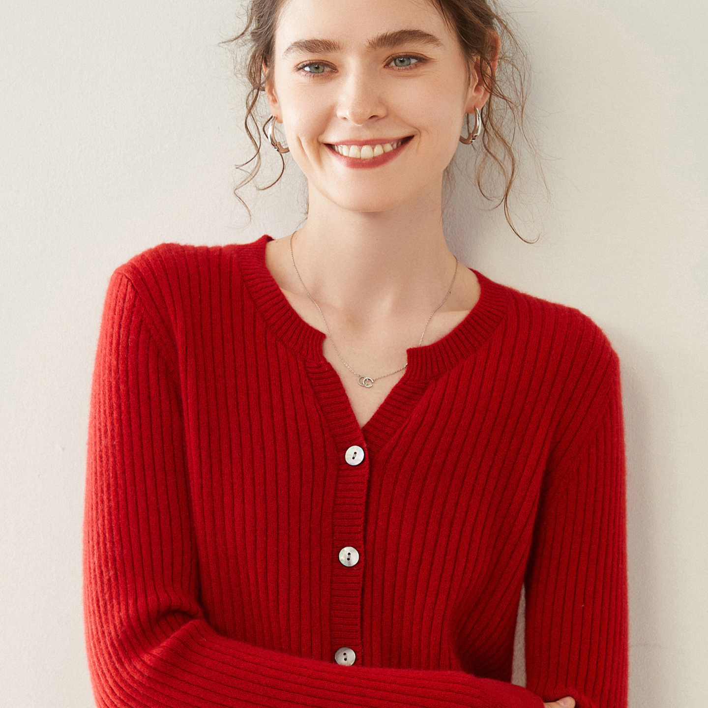 女100%纯山羊绒衫V领开衫外套冬