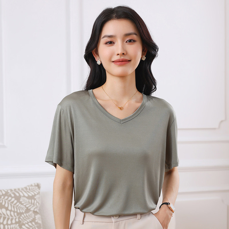 V领短袖宽松显瘦T恤女夏薄款