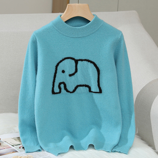 儿童小象提花羊毛衫100纯羊毛中大童针织打底衫男女童羊绒衫毛衣
