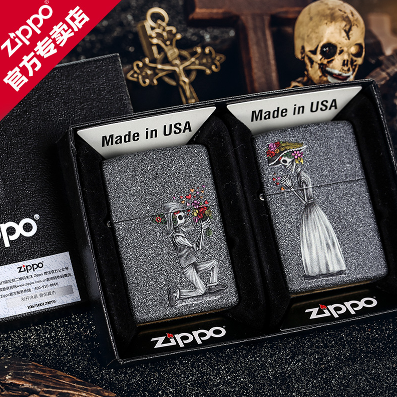 zippo打火机正版骷髅之恋限量防风煤油打火机情侣一对刻字送礼品