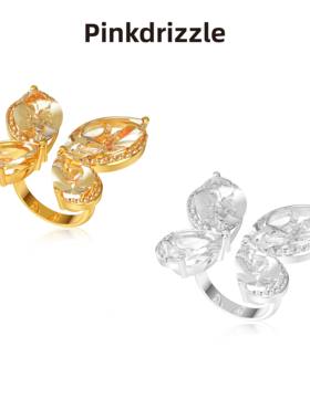 Pinkdrizzle 铜合金合成锆石戒指琉光蝶舞双层可调节蝴蝶戒指