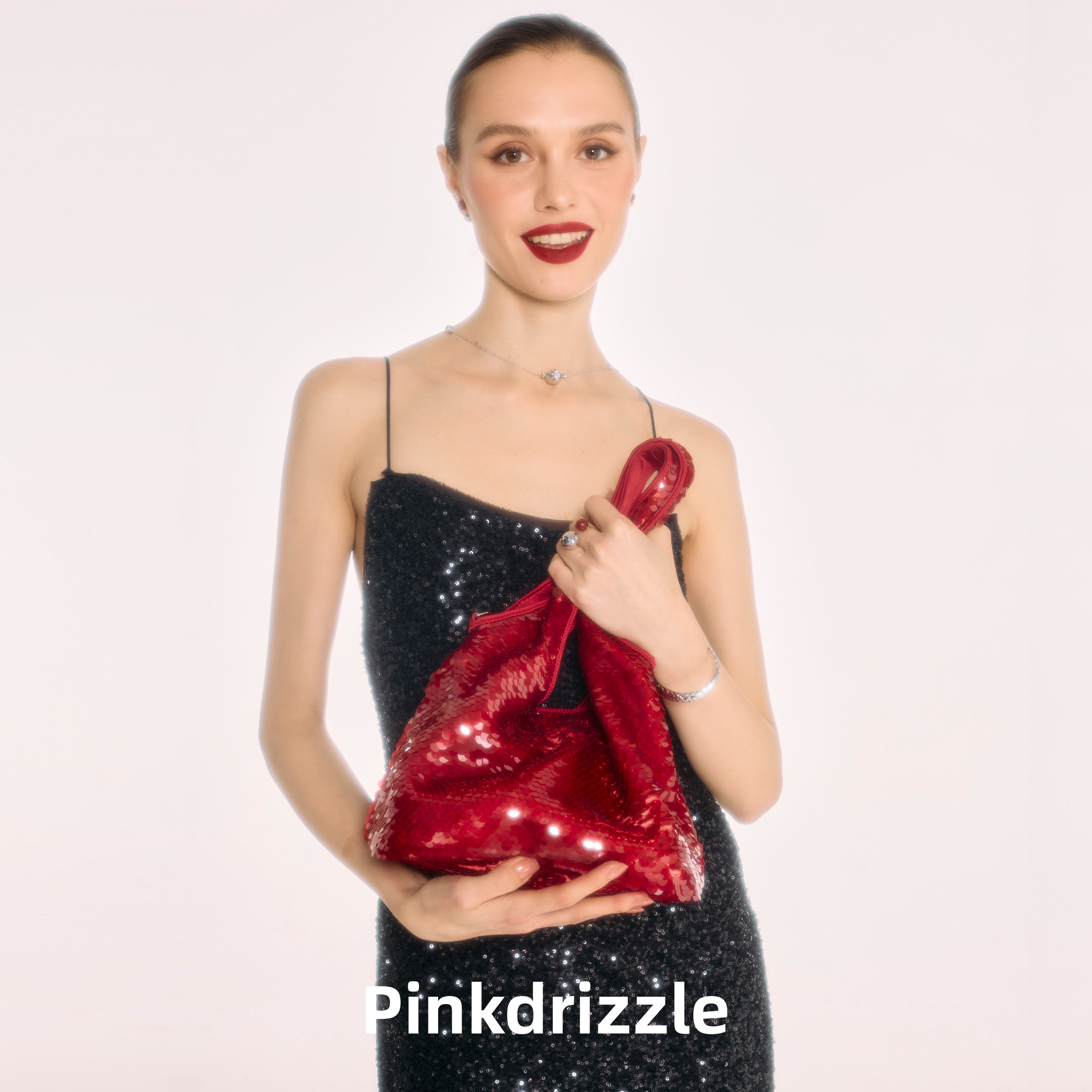 pinkdrizzle红韵琉光亮片水桶包小众轻奢红色手提单肩包时尚迷你
