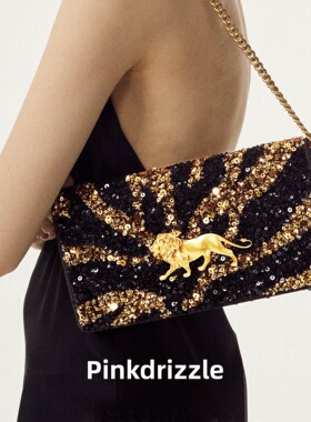 Pinkdrizzle鎏光金狮珠片手拿单肩包复古黑金高级感晚宴包