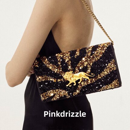 Pinkdrizzle鎏光金狮珠片手拿单肩包复古黑金高级感晚宴包