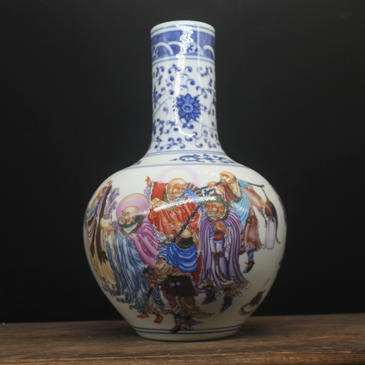 青花粉彩缠芝莲罗汉天球瓶（高36厘米）仿古瓷器桌面陶瓷花瓶摆件