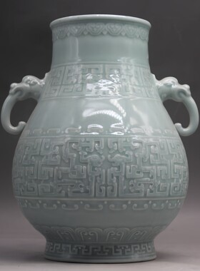 大号单色豆青釉雕刻象耳瓶（高27厘米）仿古瓷器桌面陶瓷花瓶摆件