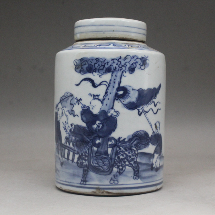 中式复古青花釉下麒麟送子茶罐古玩瓷器仿古瓷器桌面陶瓷摆件