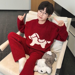 男童秋冬款半边绒睡衣套装2025新款冬季红色加绒儿童珊瑚绒家居服