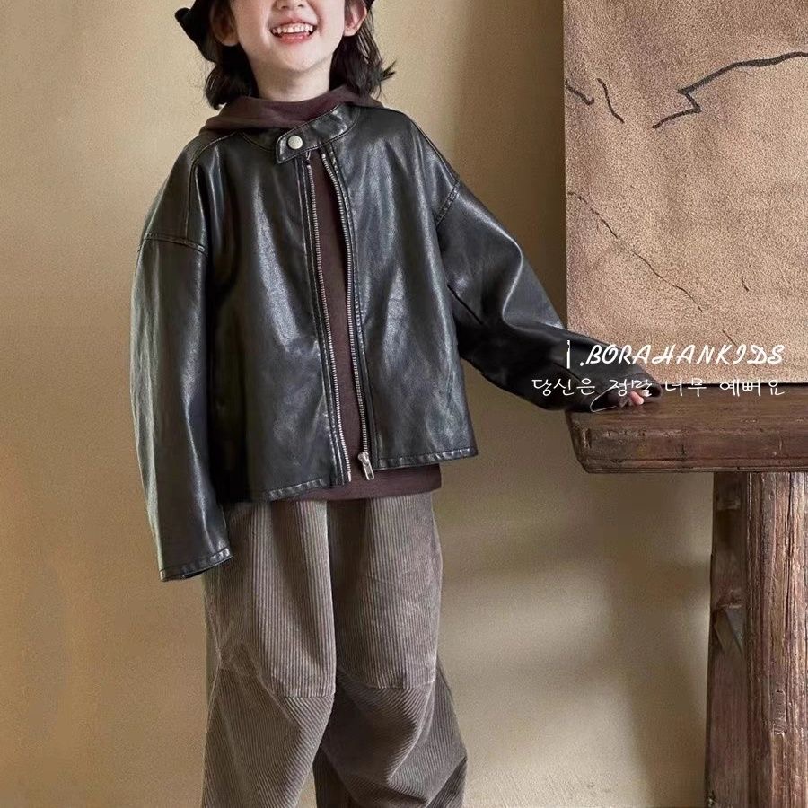 春秋季儿短款夹克衫黑色立领上衣