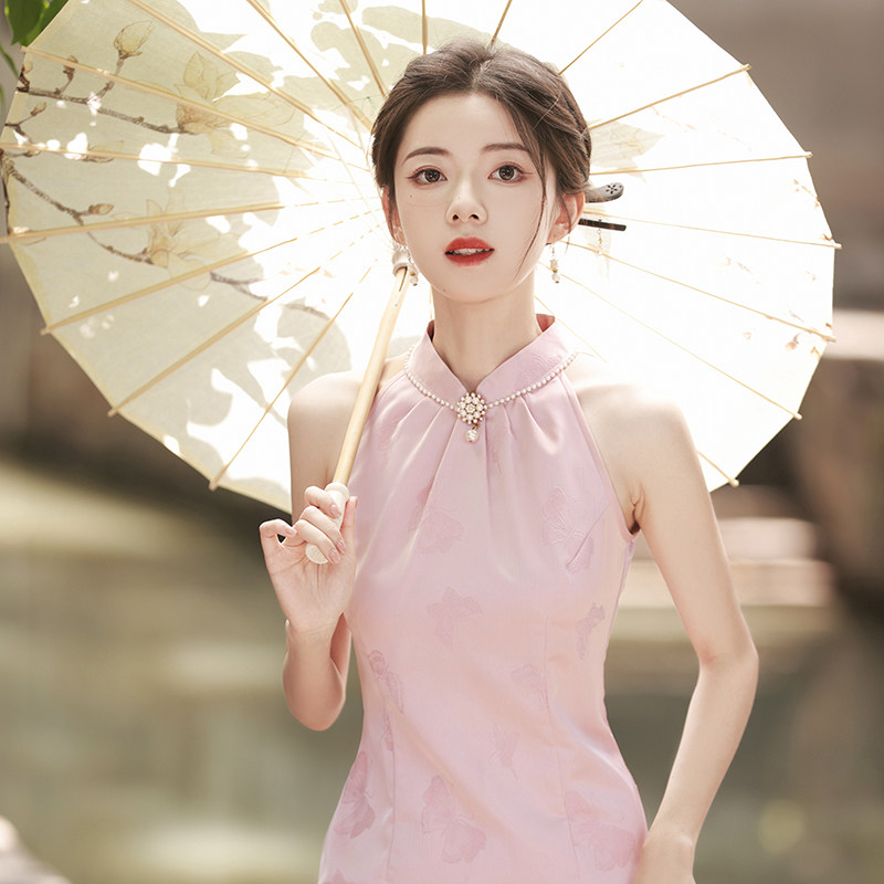 粉色无袖旗袍2023新款改良连衣裙新中式少女性感国风晨袍夏季优雅