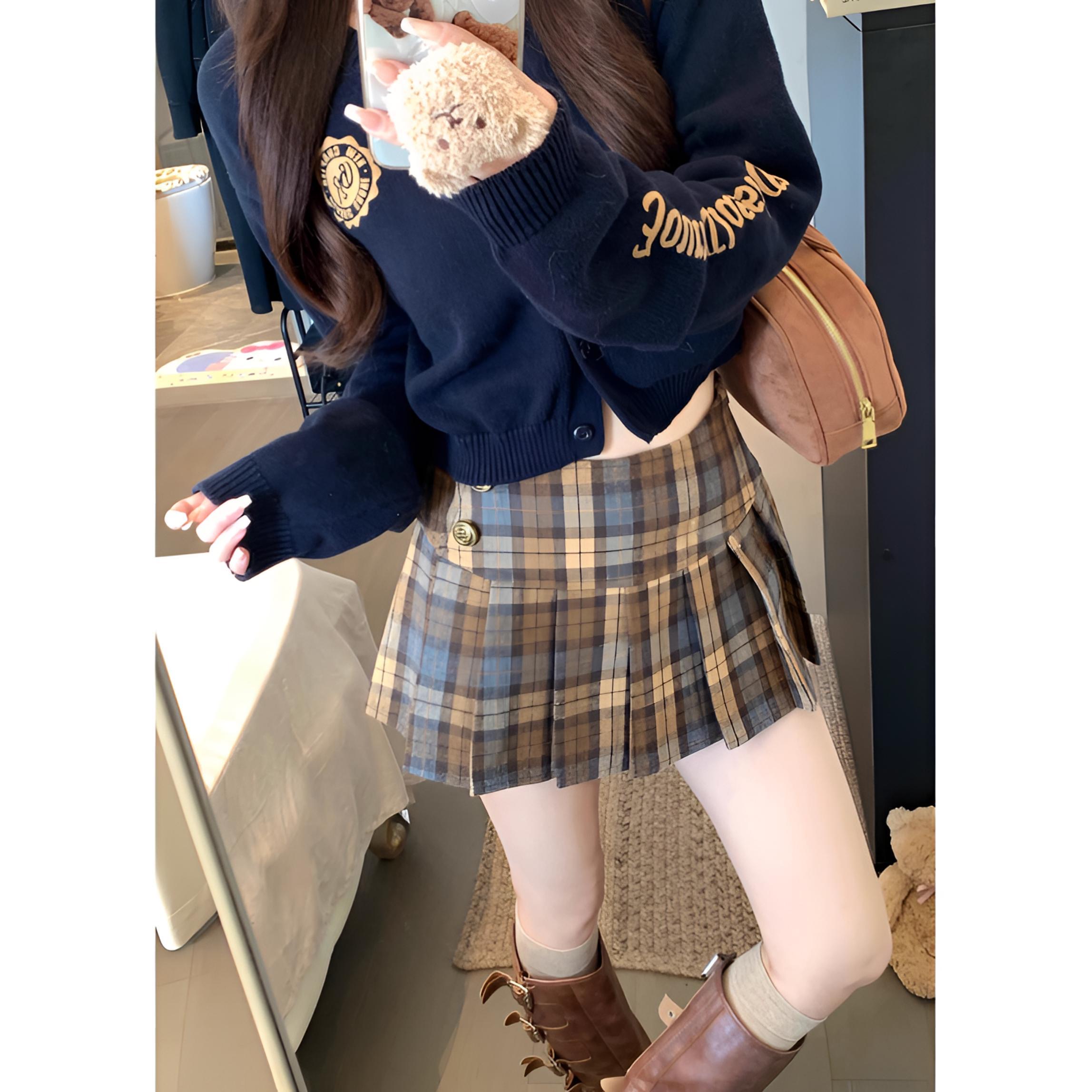 复古撞色格纹毛呢半身裙女秋冬显瘦百褶裙子辣妹高腰半裙a字短裙