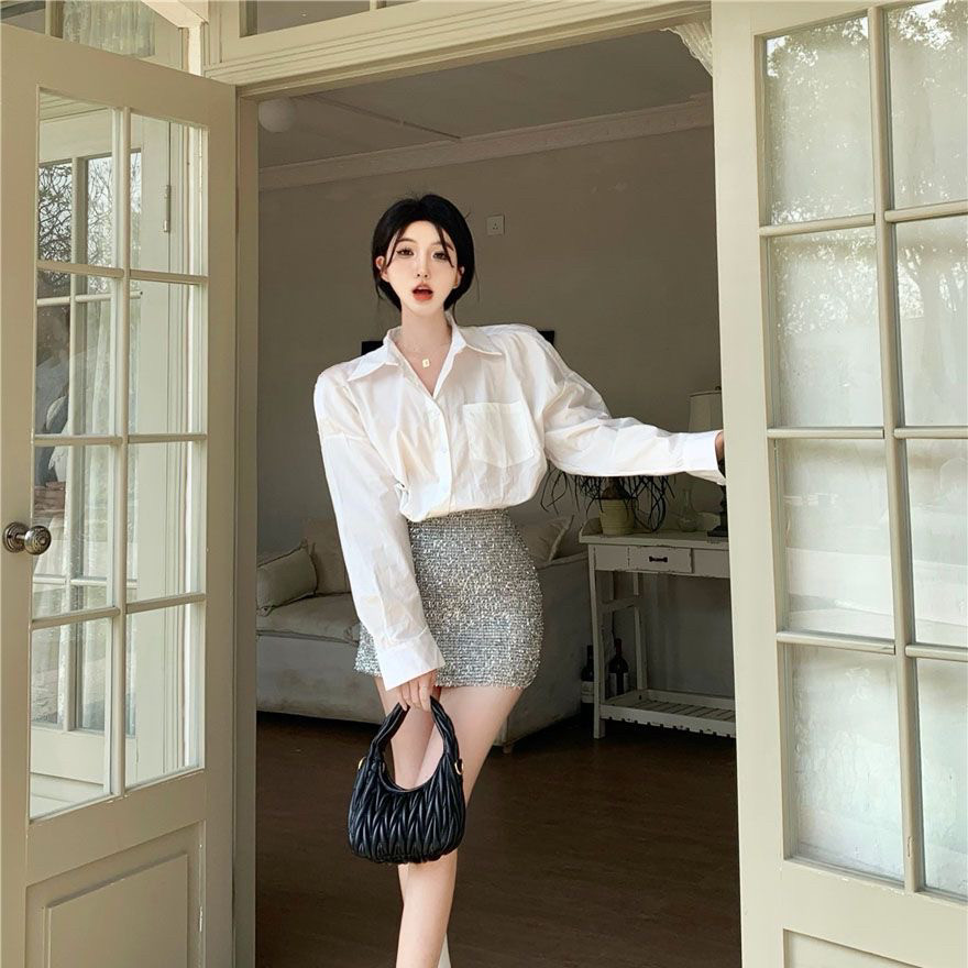 春夏新款百搭宽松长袖白色衬衫女亮丝显瘦高腰包臀短裙辣妹两件套,女装/女士精品,衬衫,淘宝优惠券,粉丝福利购,淘宝优惠卷