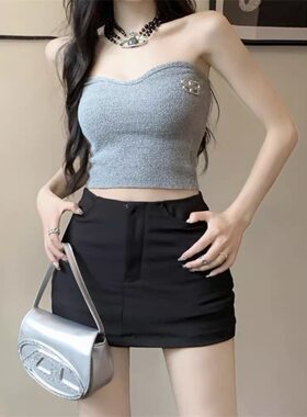 灰色辣妹西装半身裙高腰显瘦小个子休闲a字包臀短裙纯欲抹胸套装