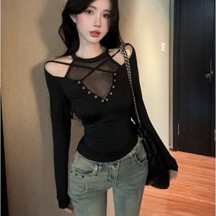 性感百搭镂空设计长袖 纹拼接T恤春秋新款 紧身上衣潮 辣妹风格 美式