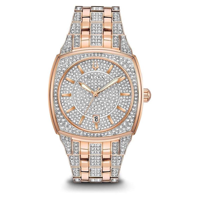 代购BULOVA宝路华男士腕表日期防水计时石英金属钢带镶钻玫瑰金