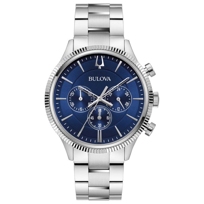 代购BULOVA宝路华男士腕表计时夜光日期测速钢带金属蓝盘精钢