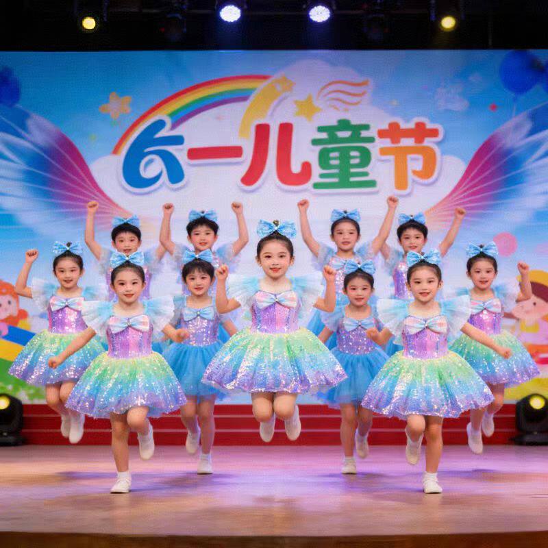 六一儿童蓬蓬裙演出服炫彩亮片幼儿园女童可爱公主纱裙表演服套装