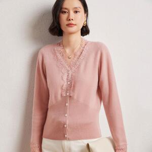 2024秋新款针织衫女V领蕾丝花边宽松显瘦纯色打底衫气质套头毛衣