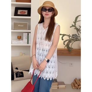 蕾丝V领背心女 薄款 胖mm洋气宽松遮肉休闲显瘦上衣300斤大码 中长款