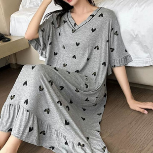 夏季 宽松遮肚简约家居服 胖mm短袖 V领印花休闲睡裙300斤加肥加大码