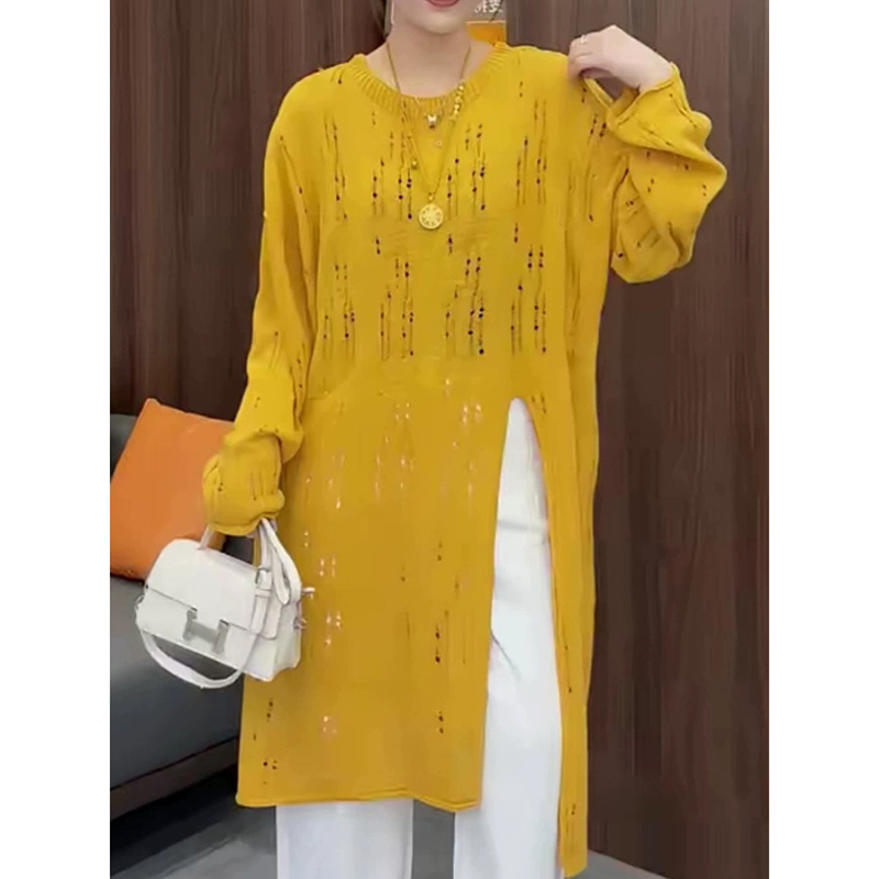 胖mm中长款破洞长袖针织衫300斤大码时尚宽松休闲薄款防晒上衣女