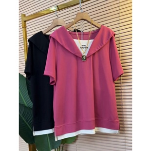 胖MM时尚 T恤女夏季 宽松休闲显瘦百搭上衣 假两件拼色短袖 300斤大码