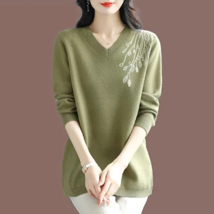 气质减龄长袖 胖mm秋冬韩版 300斤大码 V领针织毛衣衫 上衣女 休闲时尚