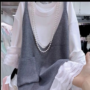 慵懒风V领叠穿针织马甲春季胖mm300斤大码休闲时尚无袖背心毛衣女