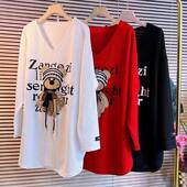 300斤胖MM时尚 v领t恤衫 新款 休闲宽松长袖 洋气拼接中长款 春秋大码