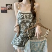 印花拼接吊带背心女300斤大码 胖MM薄款 无袖 复古宽松减龄显瘦上衣