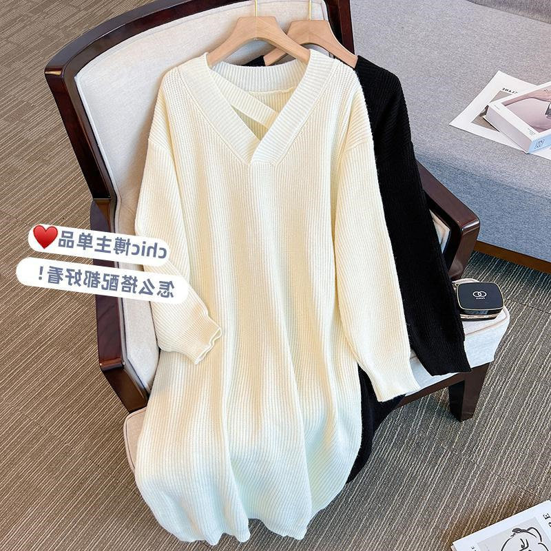 秋冬大码长款V领针织毛衣裙外穿