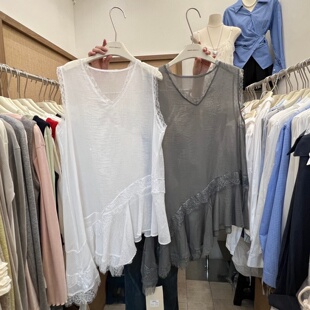 宽松显瘦简约百搭上衣 韩版 胖mm休闲蕾丝无袖 V领雪纺背心300斤大码