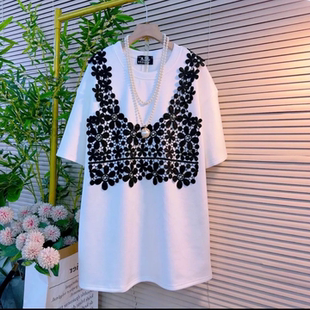 胖mm设计感小众短袖 300斤超大码 韩版 显瘦宽松简约上衣 拼接T恤女装