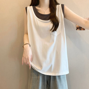 假两件吊带背心女外穿韩版拼接撞色大码胖mm运动休闲宽松无袖上衣