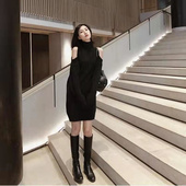 胖MM大码 300斤秋冬针织连衣裙女露肩高领慵懒宽松包臀打底毛衣裙