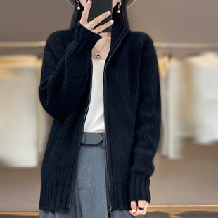 遮肉胖MM拉链毛衣开衫 秋冬中长款 立领针织外套女纯色宽松百搭大码