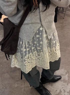 夏季新款胖mm300斤大码屁帘时尚宽松遮臀简约纯色蕾丝拼接半身裙