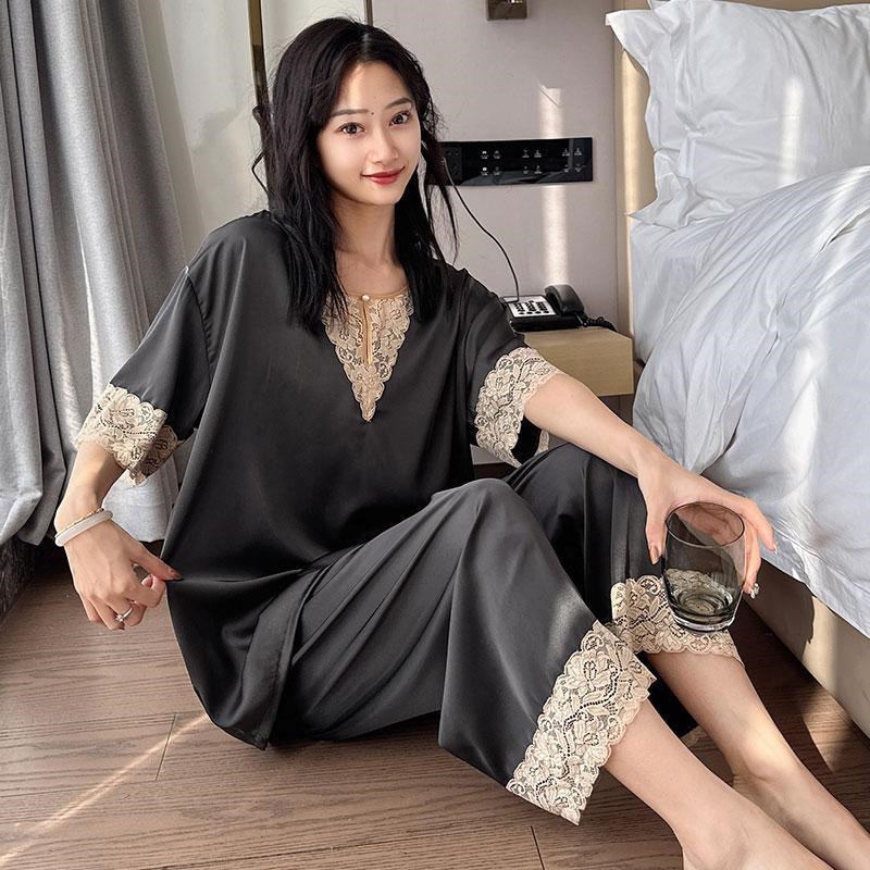 胖MM冰丝睡衣女夏季大码300斤休闲可外穿短袖七分裤两件套家居服