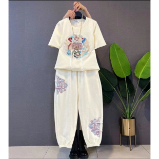 运动两件套装 夏季 高级感时尚 T恤300斤特大码 胖MM国风刺绣圆领短袖