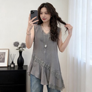 V领雪纺衫 夏季 无袖 大码 300斤胖mm设计感宽松显瘦蕾丝背心ins 女装