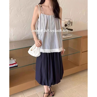 条纹拼接背心T恤女胖MM宽松简约流苏吊带上衣 300斤大码 撞色无袖