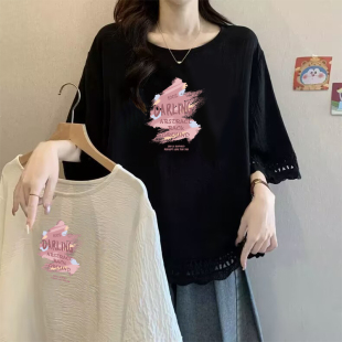 字母印花简约显瘦上衣胖mm宽松遮肉休闲百搭短袖 300斤加大码 T恤女