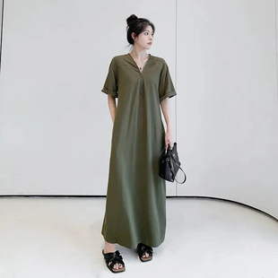 宽松休闲遮臀简约连衣裙 V领过膝长裙胖MM韩版 300斤加大码 纯色短袖