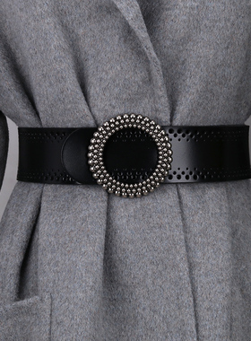 圆扣真皮纯牛皮腰带女士装饰宽腰封外搭简约百搭配裙子大衣时尚潮